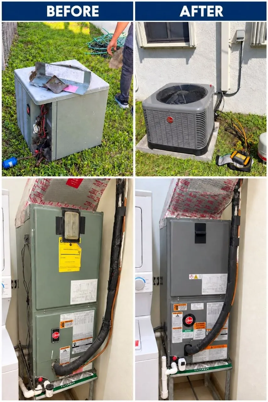 Before and after photos of an AC system replacement: the old outdoor unit and indoor air handler, then the new outdoor unit on its pad and the new air handler in the same closet