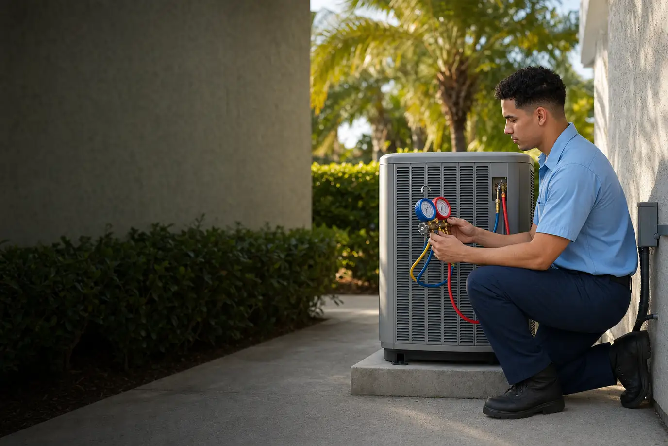 An air conditioning technician checking a gauge set at an outdoor AC unit beside a South Florida house